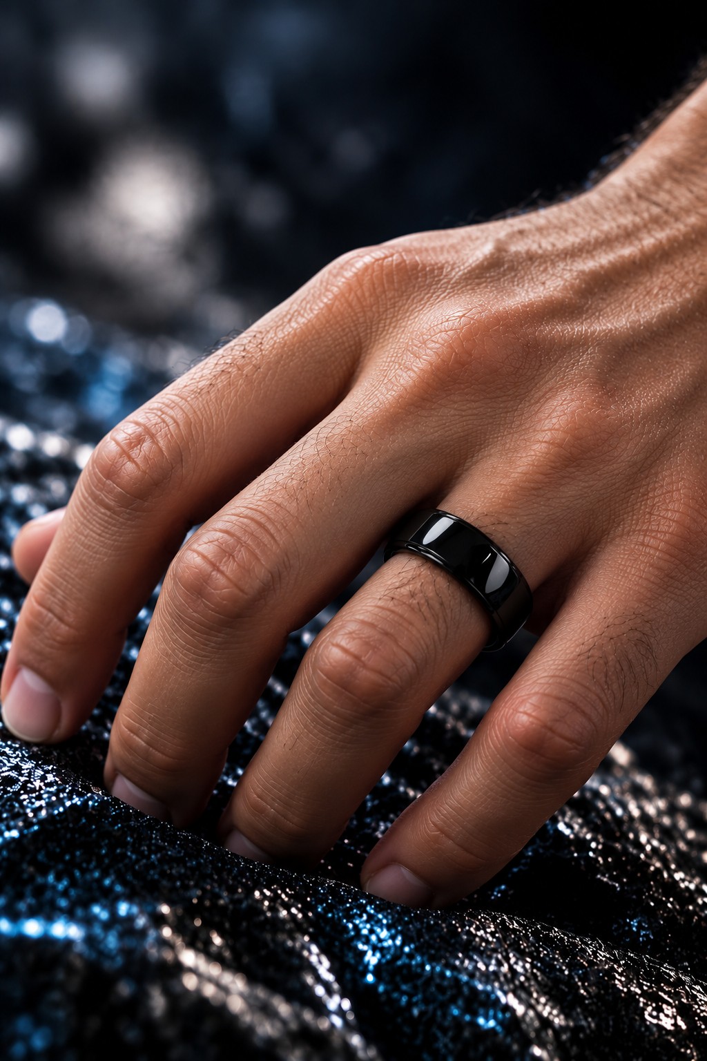 Black ring worn on a hand